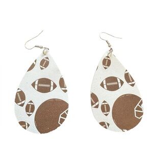 White and Brown Leather Teardrop Football Design Drop Earrings